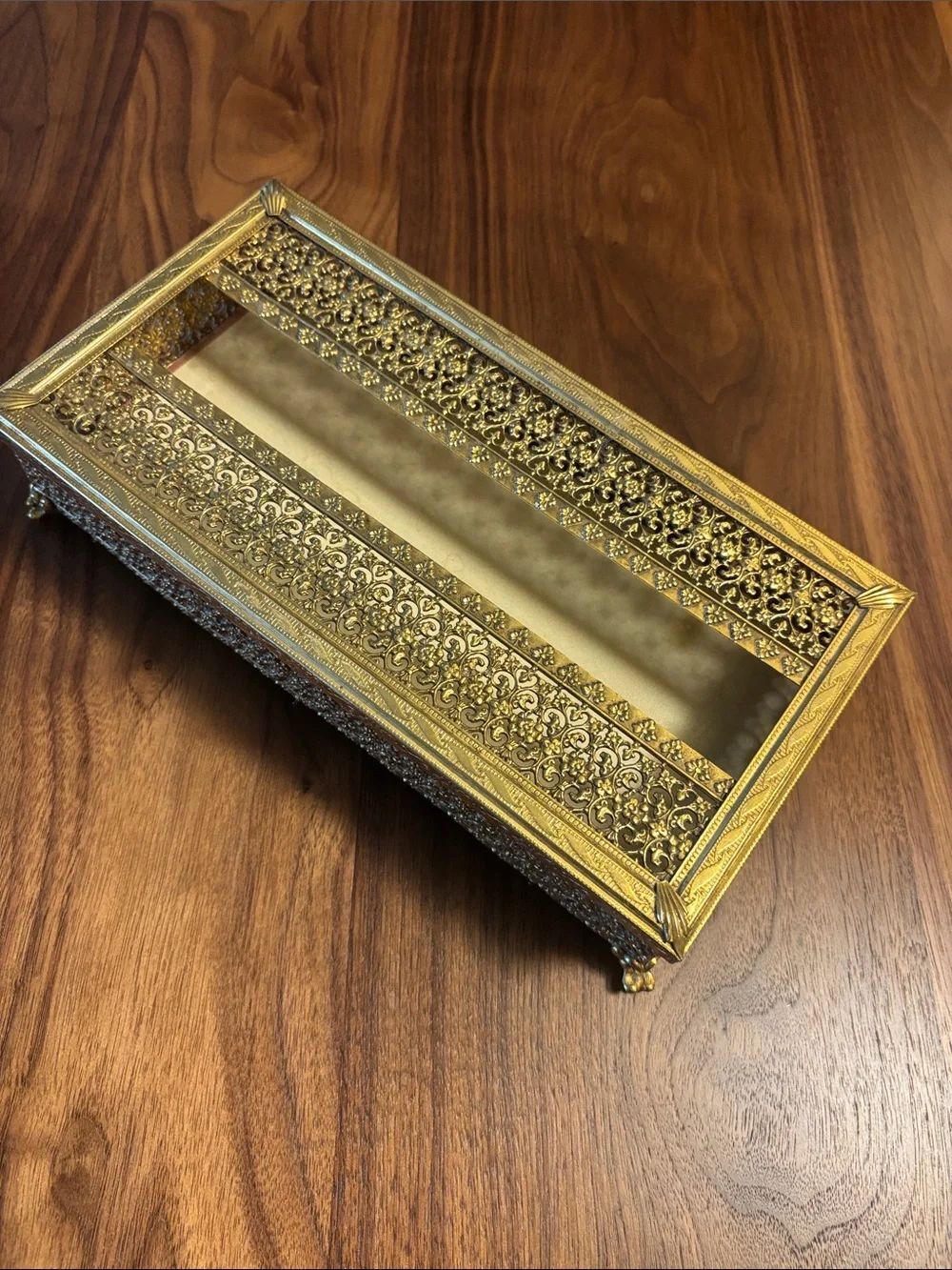 Vintage Hollywood Regency Ornate Gold Ornate Footed Tissue Box Holder